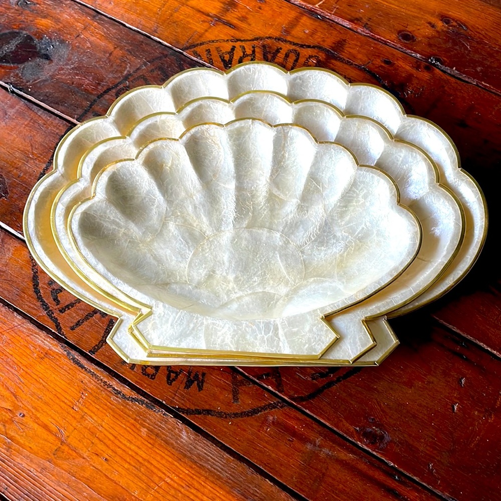 Vintage Brass-trimmed Capiz Nesting Shell Plates- set of‎ 3